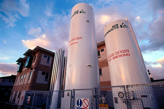 Two bulk oxygen tanks on concrete platform